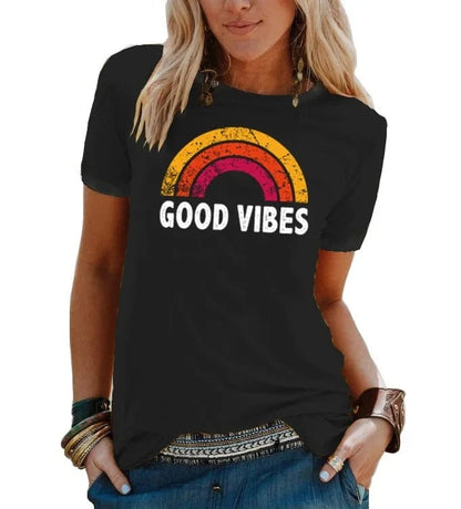 EM | Elegantes Retro-Regenbogen-Good-Vibes-T-Shirt