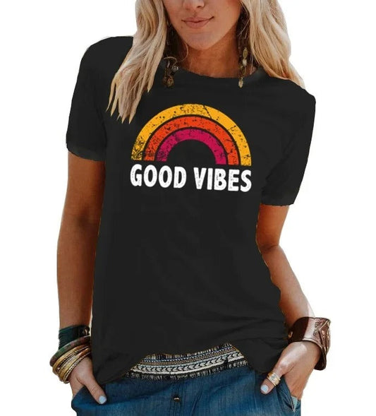 EM | Elegantes Retro-Regenbogen-Good-Vibes-T-Shirt