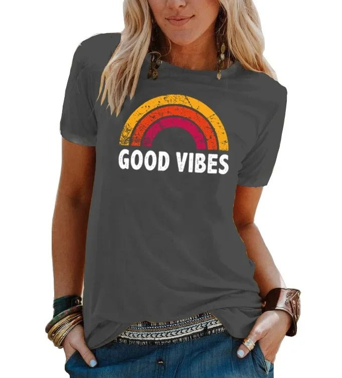 EM | Elegantes Retro-Regenbogen-Good-Vibes-T-Shirt