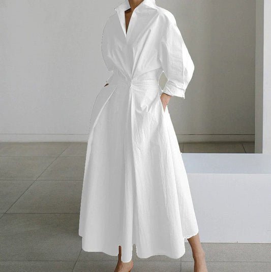 MW | Women's Shirt Dress - Knopfleiste - Cinched Waist - A-Linien-Passform - lange Ärmel - Taschen