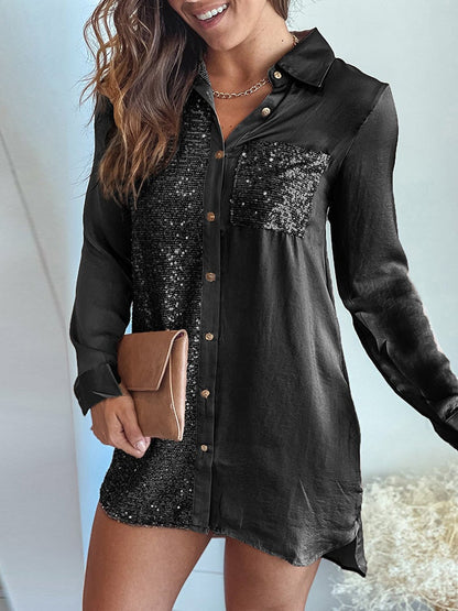 MW | Damen Kleider Knopf Pailletten Panel Langarm Shirt Kleid
