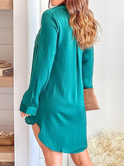 MW | Damen Kleider Knopf Pailletten Panel Langarm Shirt Kleid