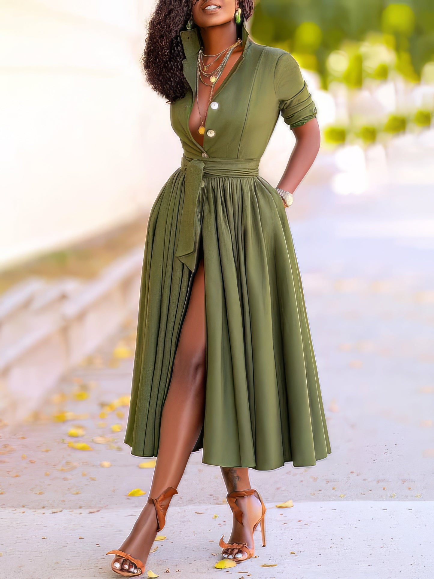 MW | Revers Knopf Gürtel Mid Sleeve Shirt Kleid
