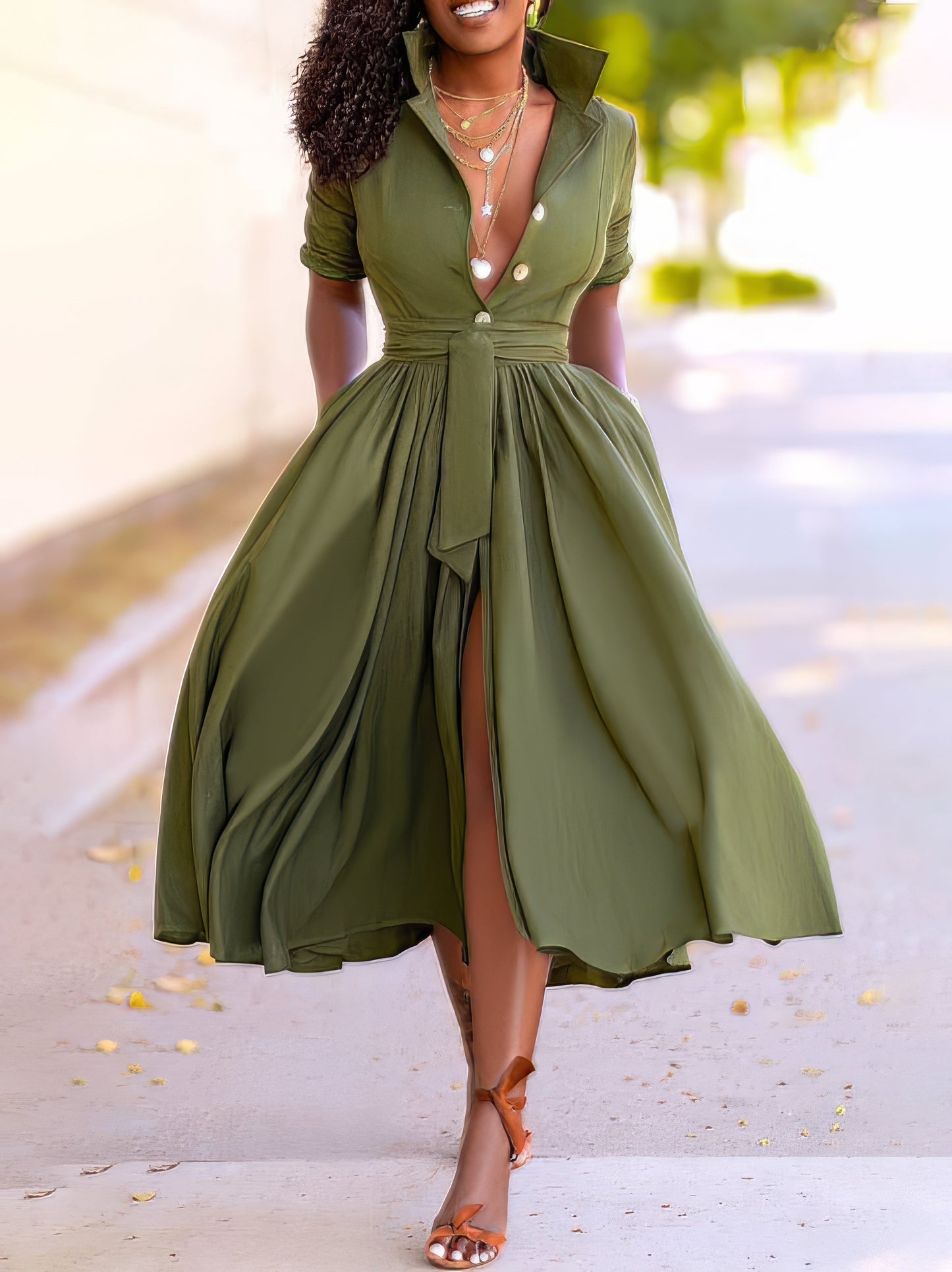 MW | Revers Knopf Gürtel Mid Sleeve Shirt Kleid
