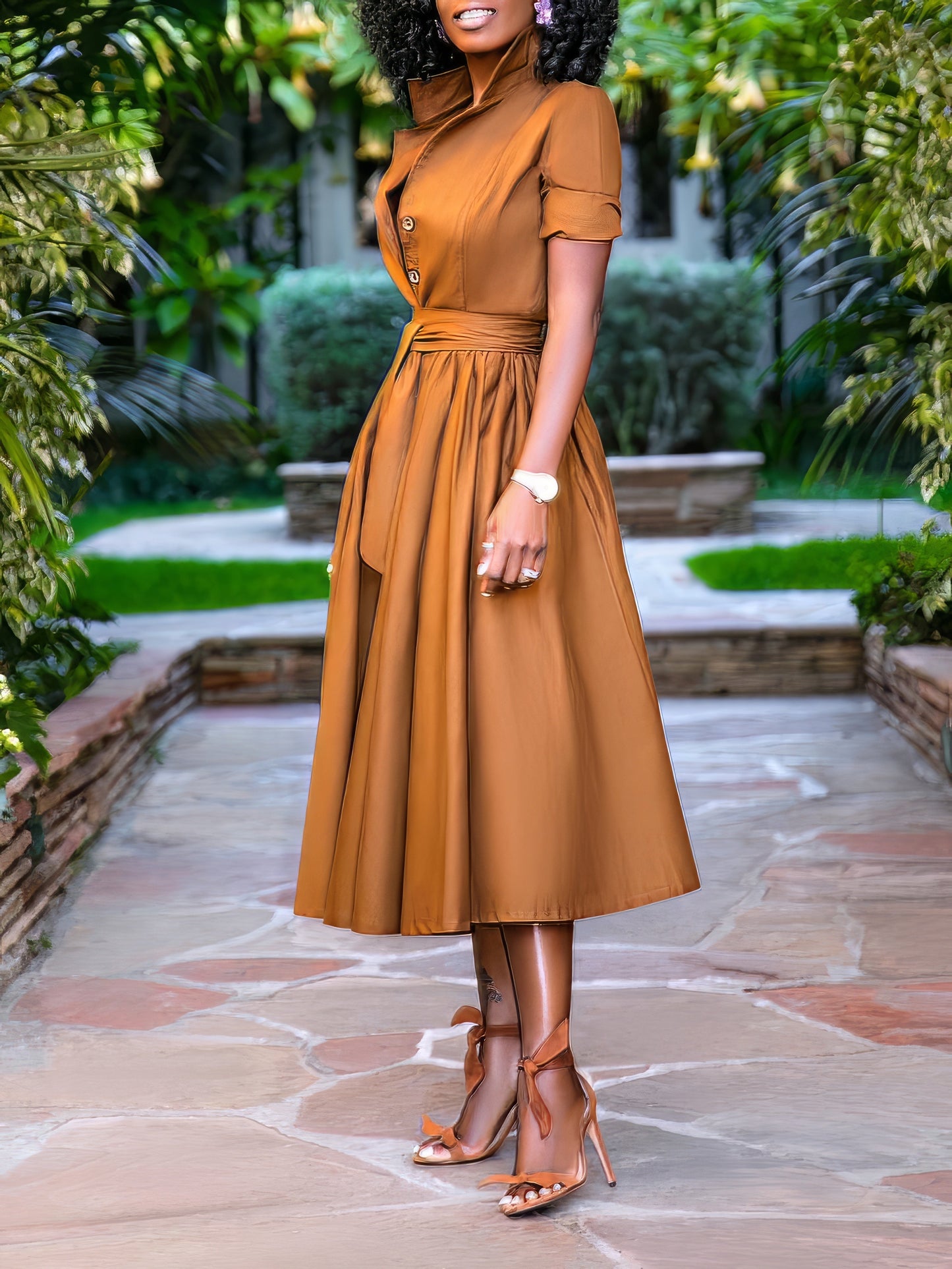 MW | Revers Knopf Gürtel Mid Sleeve Shirt Kleid