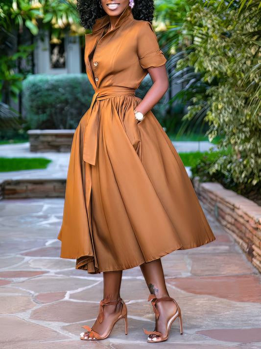 MW | Revers Knopf Gürtel Mid Sleeve Shirt Kleid