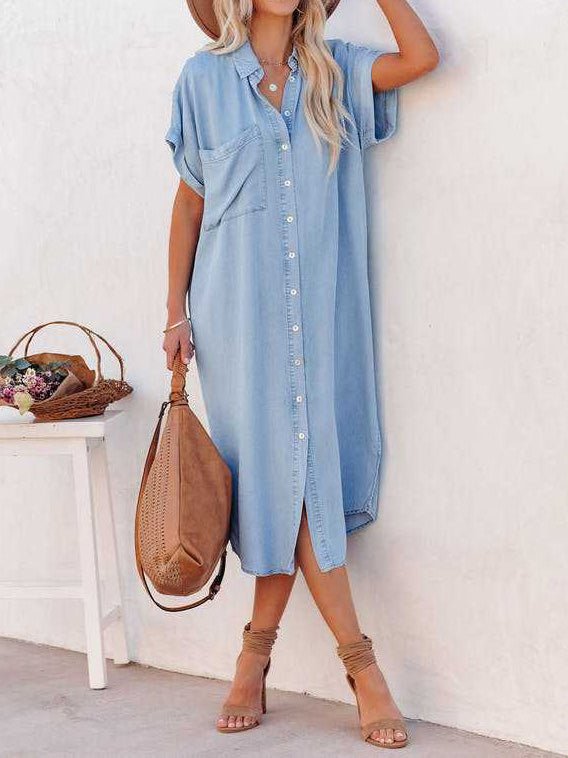 MW | Tasche Kurzarm Denim Schlitz Shirt Kleid