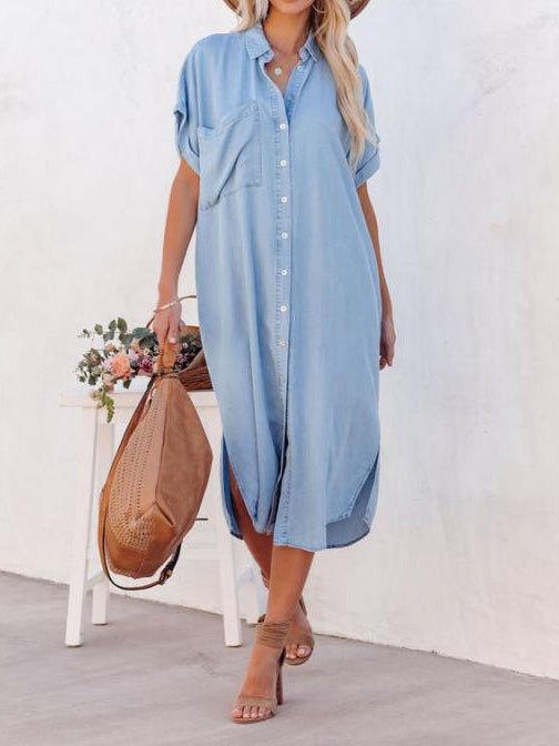 MW | Tasche Kurzarm Denim Schlitz Shirt Kleid