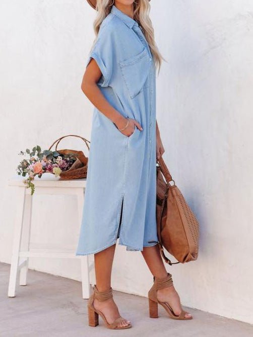 MW | Tasche Kurzarm Denim Schlitz Shirt Kleid